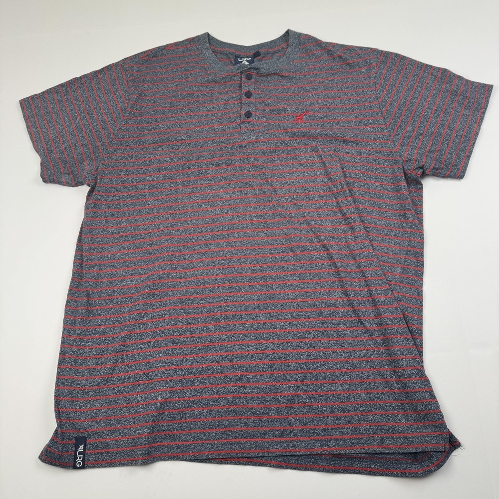 LRG Polo Shirt Mens 3XL Gray Red Striped Embroidered Giraffe Logo Casual
